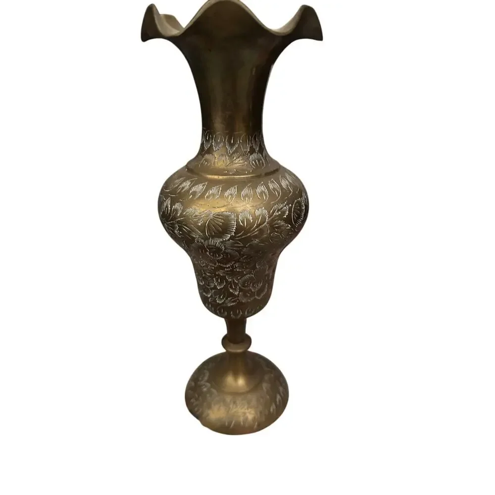 Vintage Solid Brass India Etched Diamond Cut Floral Vase